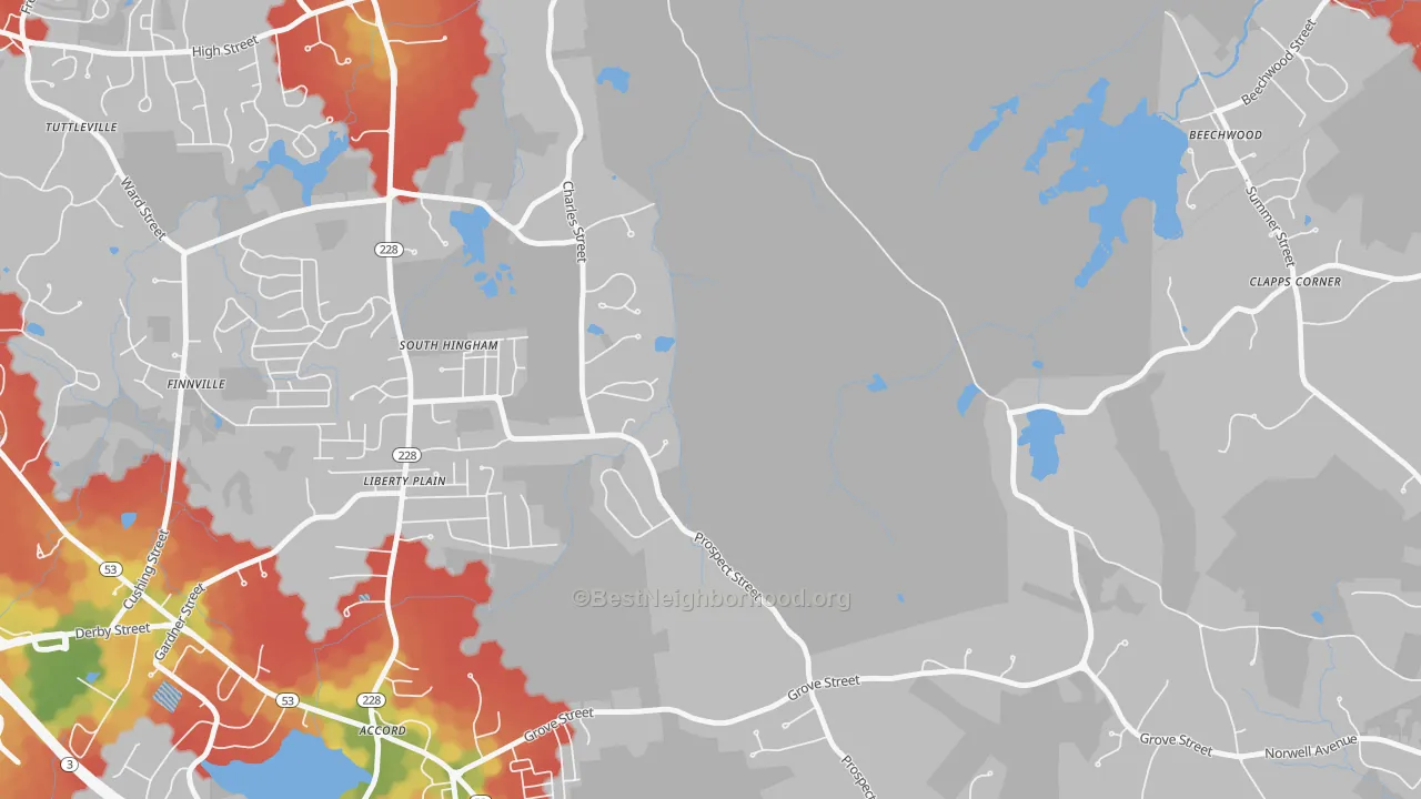 Walk Grade map of South Hingham, MA, walkable areas in green and car-dependent areas in red