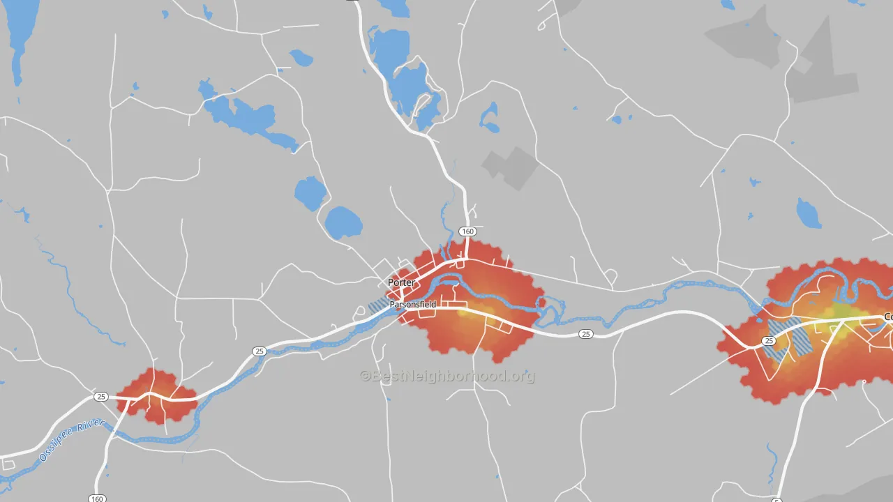 Walk Grade map of South Hiram, ME, walkable areas in green and car-dependent areas in red