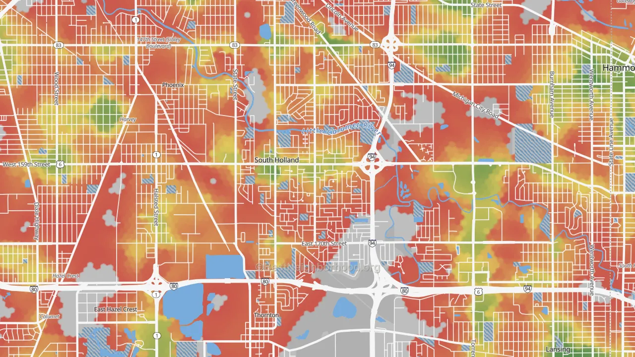 Walk Grade map of South Holland, IL, walkable areas in green and car-dependent areas in red