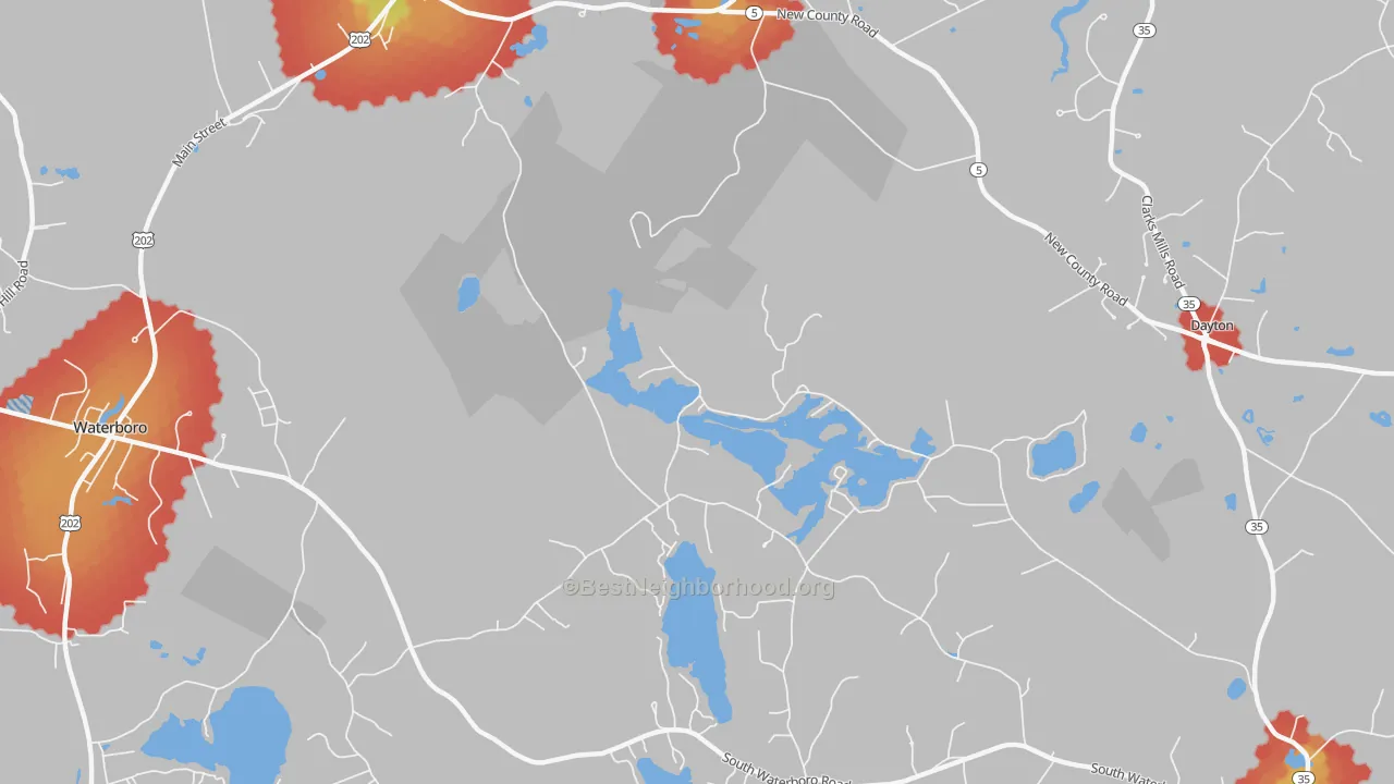 Walk Grade map of South Hollis, ME, walkable areas in green and car-dependent areas in red