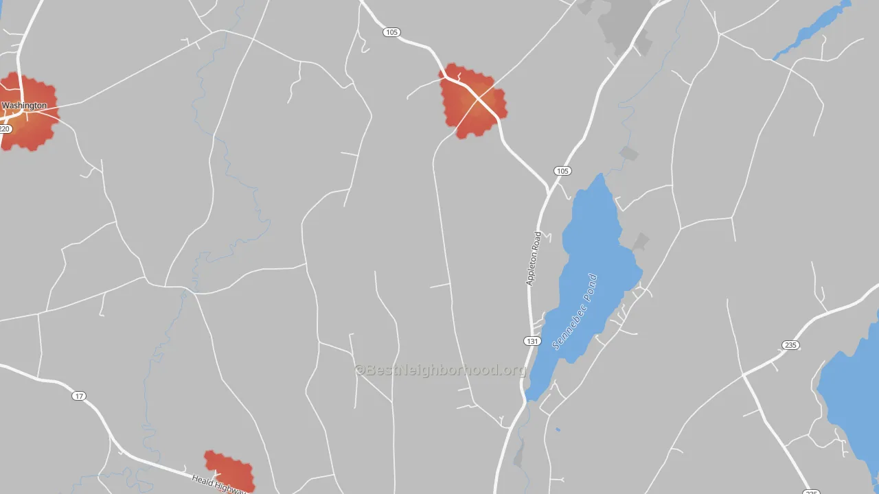 Walk Grade map of South Hope, ME, walkable areas in green and car-dependent areas in red