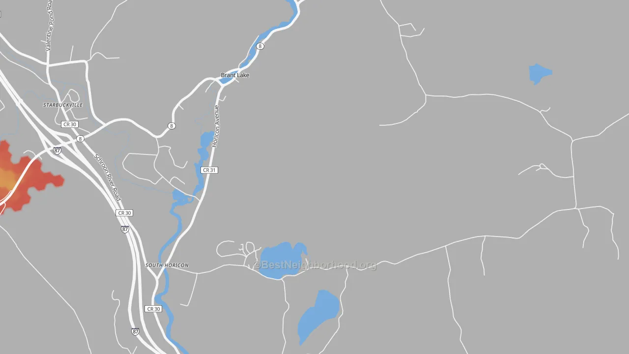 Walk Grade map of South Horicon, NY, walkable areas in green and car-dependent areas in red