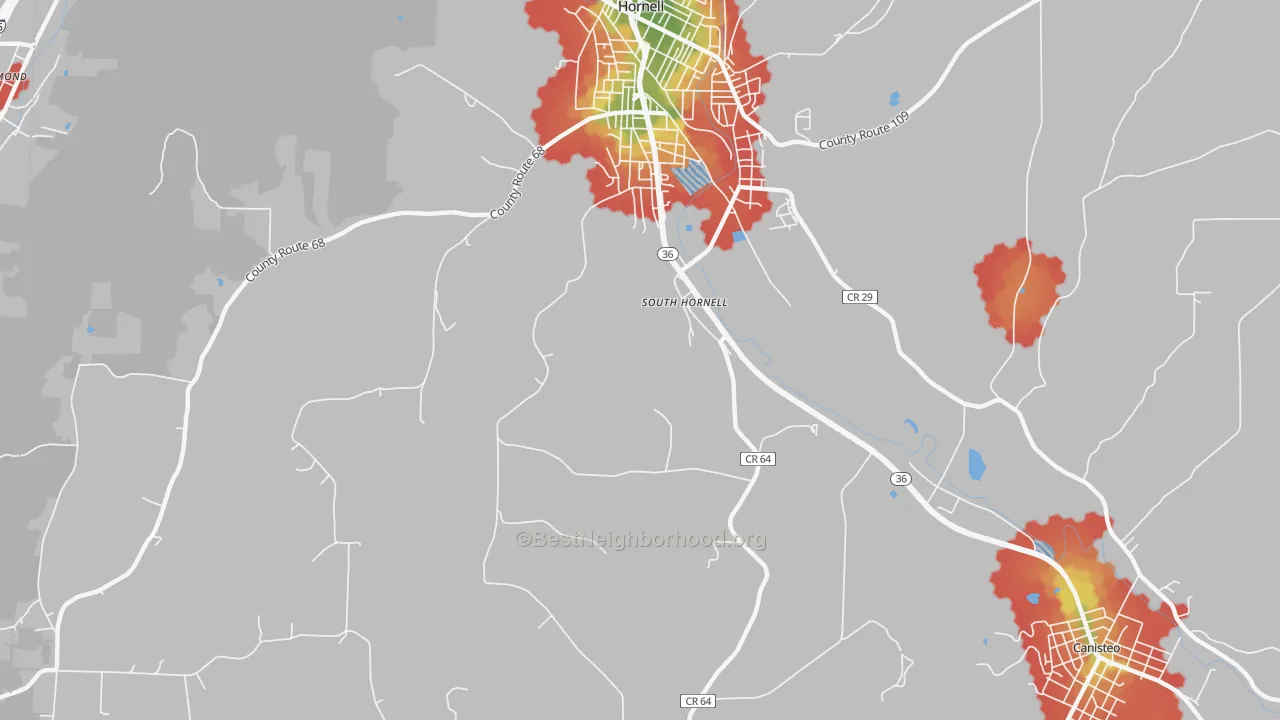 Walk Grade map of South Hornell, NY, walkable areas in green and car-dependent areas in red