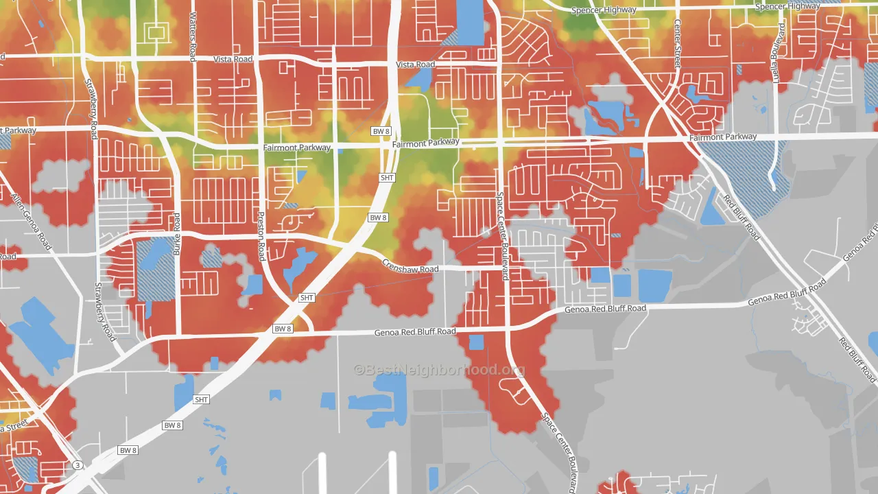 Walk Grade map of South Houston Gardens, Pasadena, TX, walkable areas in green and car-dependent areas in red
