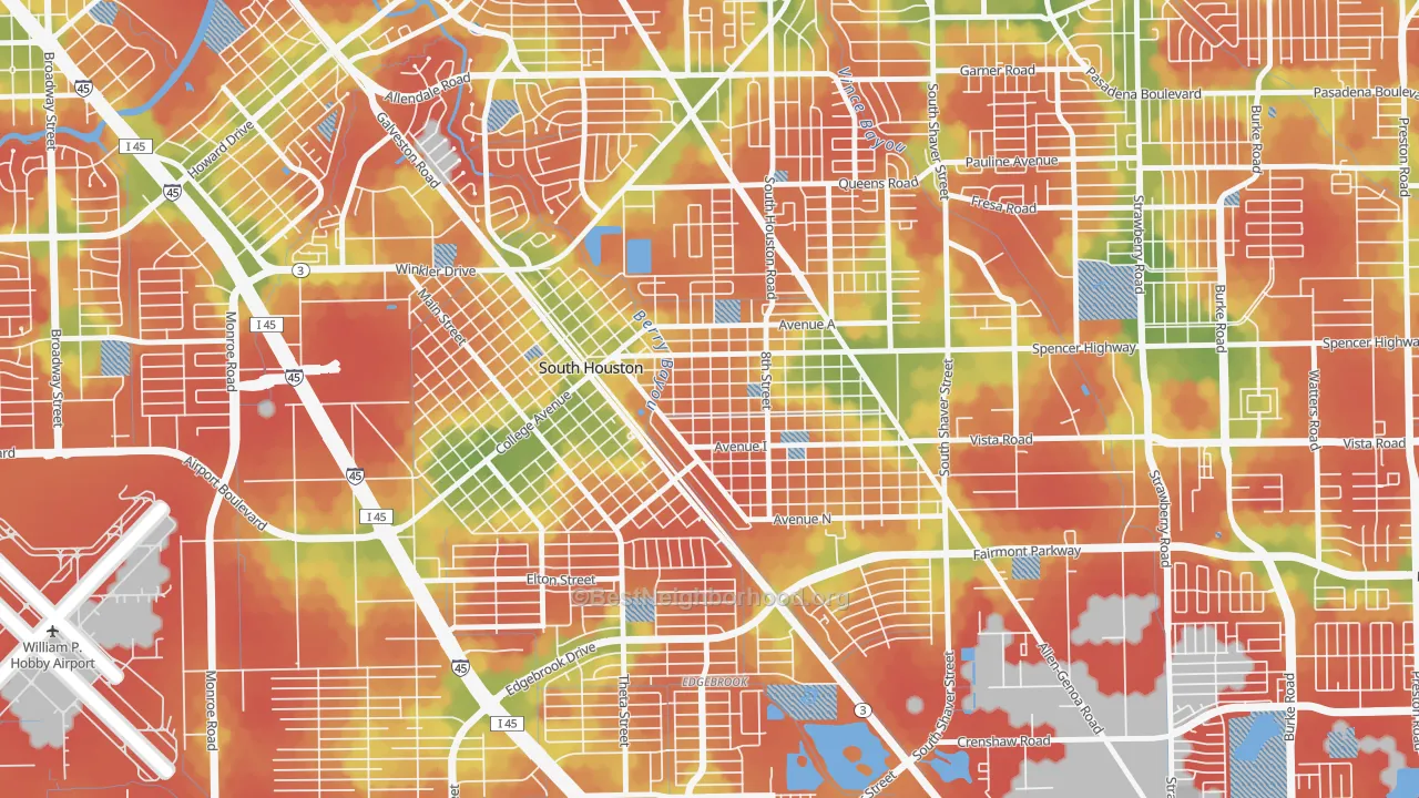 Walk Grade map of South Houston, TX, walkable areas in green and car-dependent areas in red