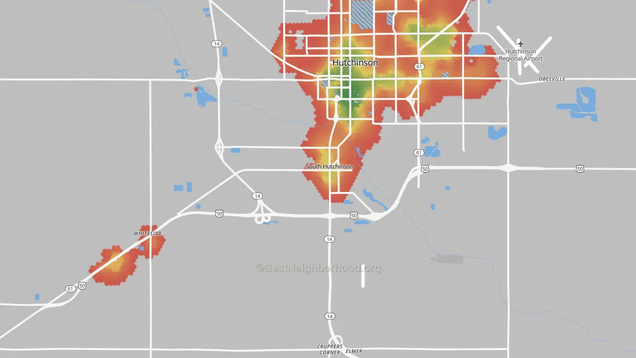 Walk Grade map of South Hutchinson, KS, walkable areas in green and car-dependent areas in red