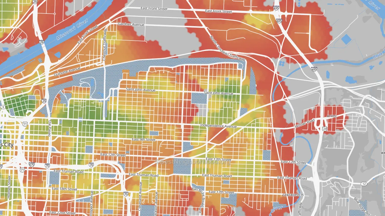 Walk Grade map of South India Mound, Kansas City, MO, walkable areas in green and car-dependent areas in red