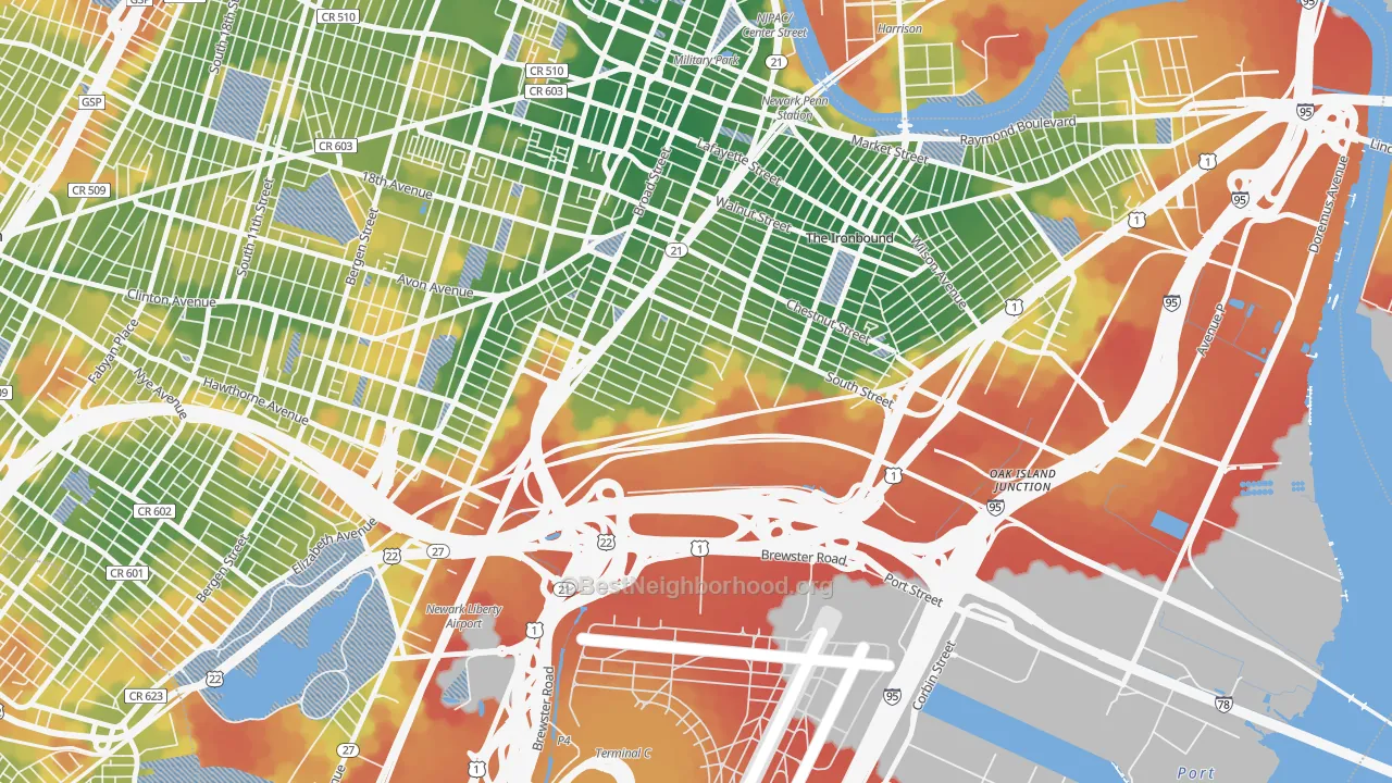 Walk Grade map of South Ironbound, Newark, NJ, walkable areas in green and car-dependent areas in red