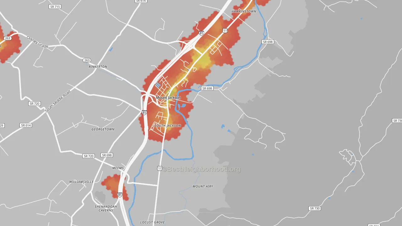 Walk Grade map of South Jackson, VA, walkable areas in green and car-dependent areas in red