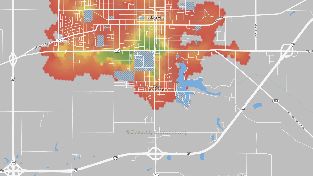 Walk Grade map of South Jacksonville, IL, walkable areas in green and car-dependent areas in red