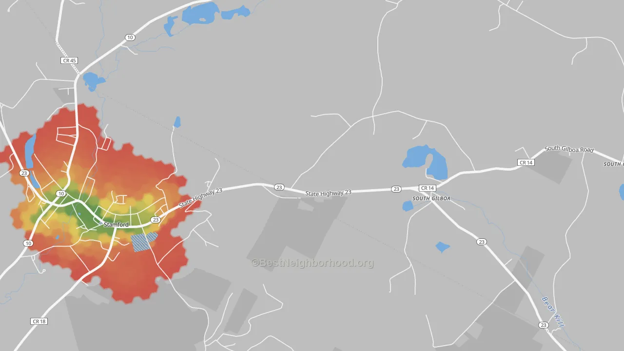 Walk Grade map of South Jefferson, NY, walkable areas in green and car-dependent areas in red