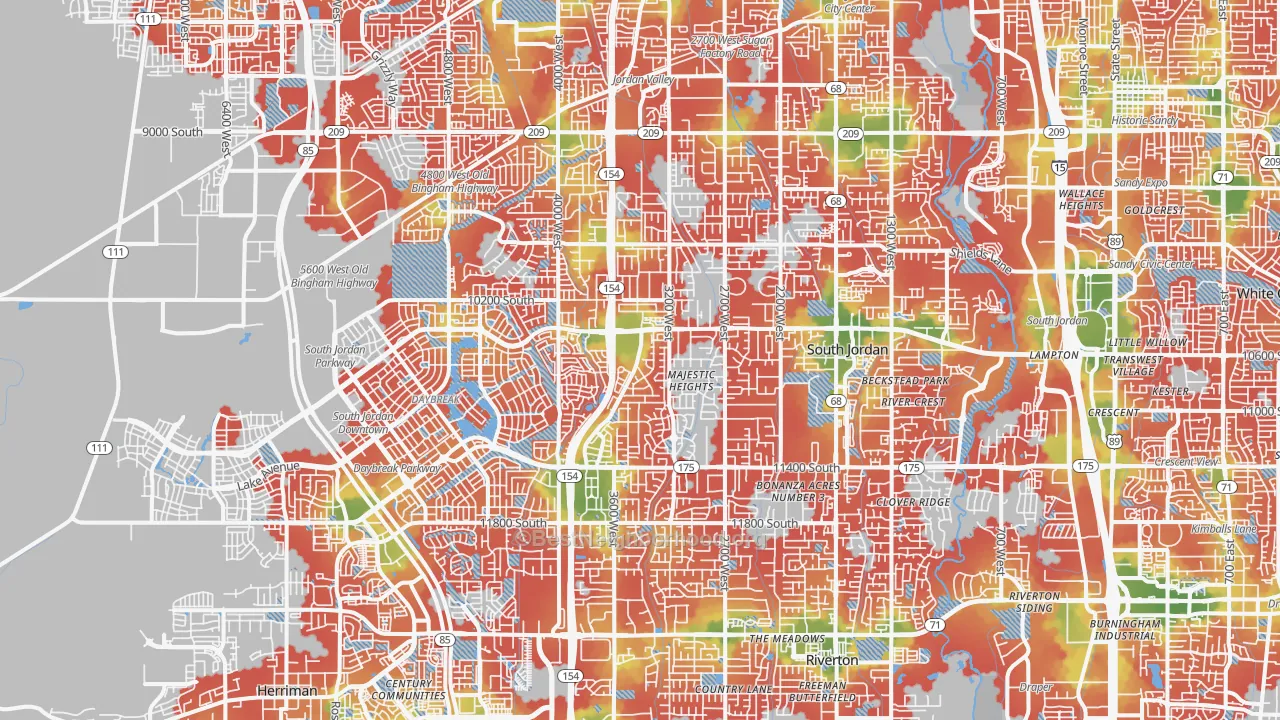 Walk Grade map of South Jordan, UT, walkable areas in green and car-dependent areas in red