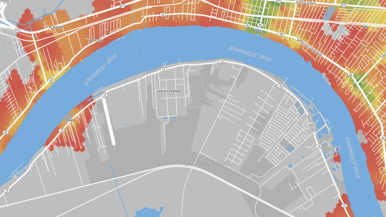 Walk Grade map of South Kenner, LA, walkable areas in green and car-dependent areas in red