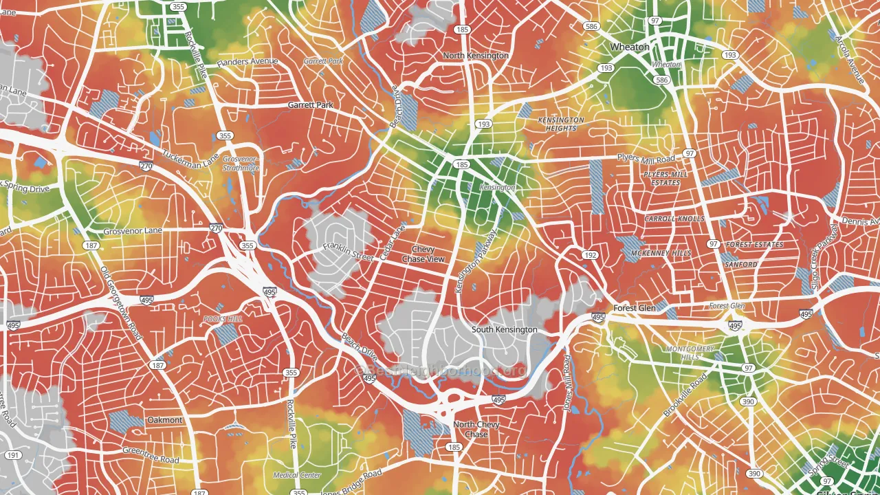Walk Grade map of South Kensington, MD, walkable areas in green and car-dependent areas in red