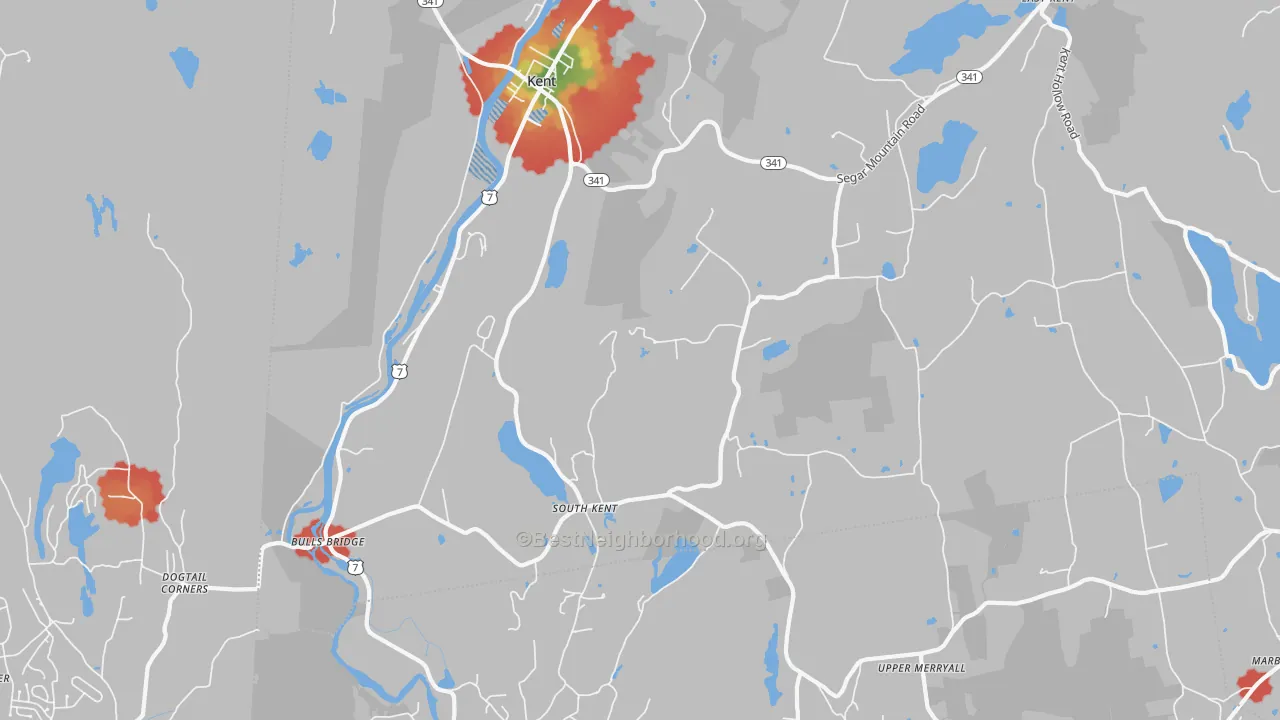 Walk Grade map of South Kent, CT, walkable areas in green and car-dependent areas in red