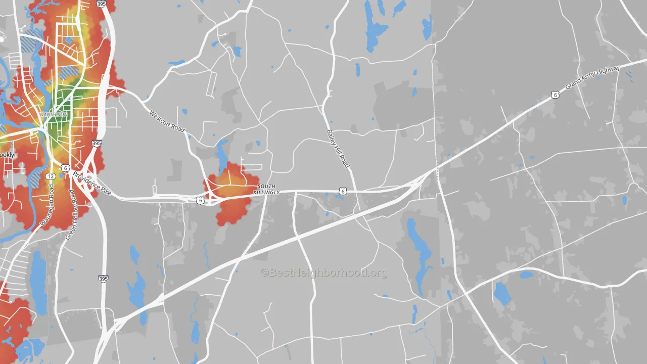 Walk Grade map of South Killingly, CT, walkable areas in green and car-dependent areas in red