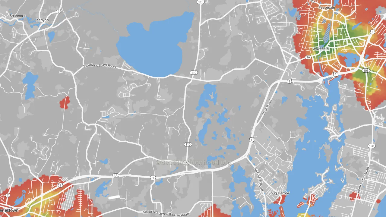 Walk Grade map of South Kingstown, RI, walkable areas in green and car-dependent areas in red