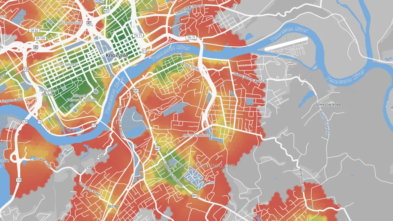 Walk Grade map of South Knoxville, Knoxville, TN, walkable areas in green and car-dependent areas in red