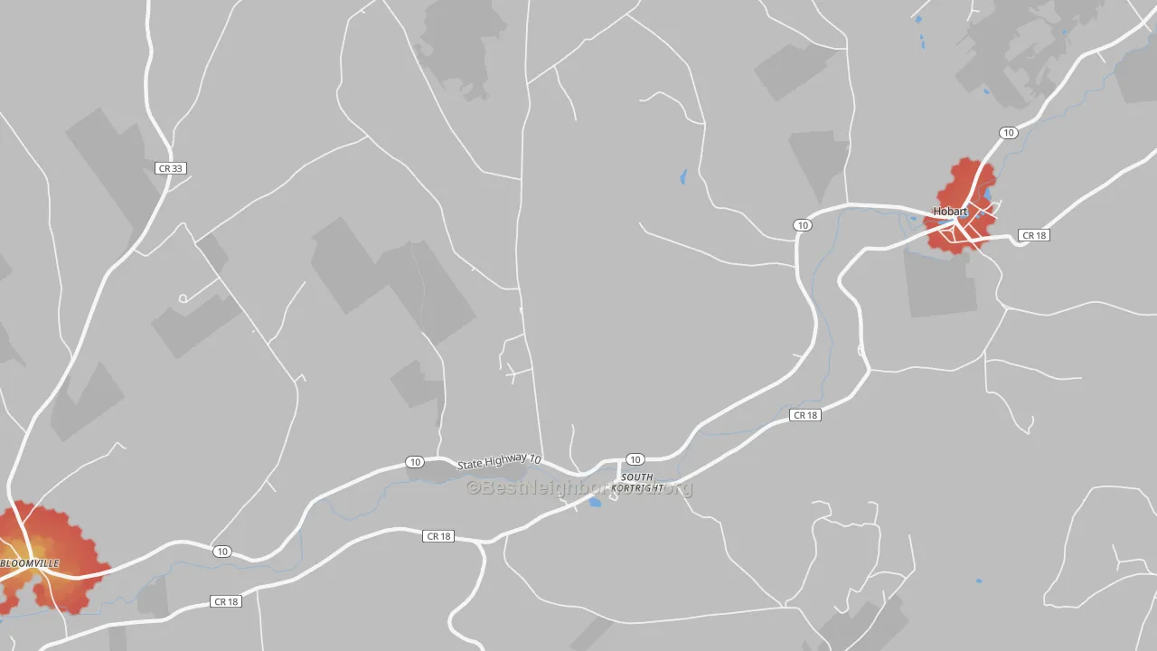 Walk Grade map of South Kortright, NY, walkable areas in green and car-dependent areas in red