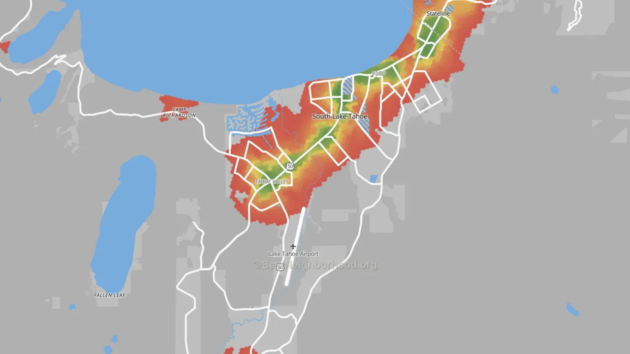 Walk Grade map of South Lake Tahoe, CA, walkable areas in green and car-dependent areas in red