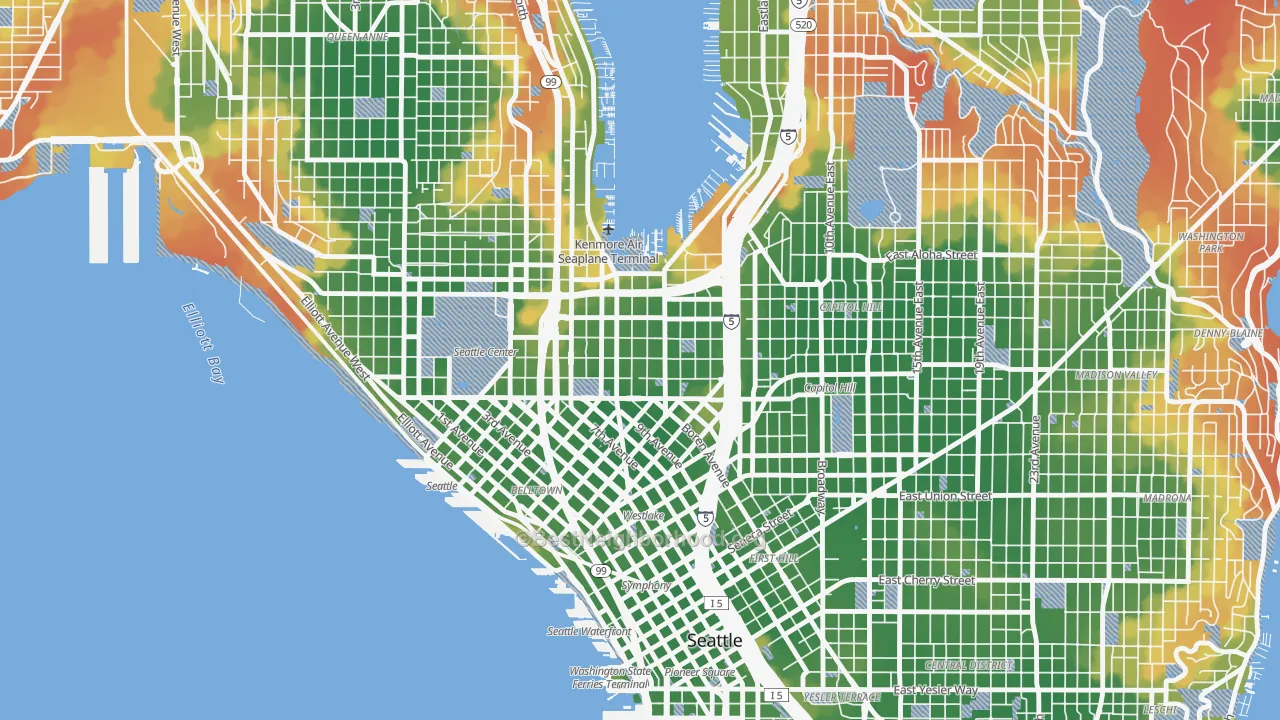 Walk Grade map of South Lake Union, Seattle, WA, walkable areas in green and car-dependent areas in red