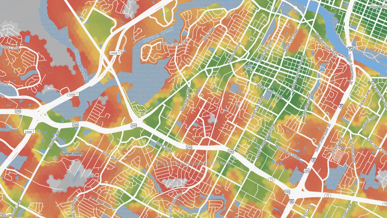 Walk Grade map of South Lamar, Austin, TX, walkable areas in green and car-dependent areas in red