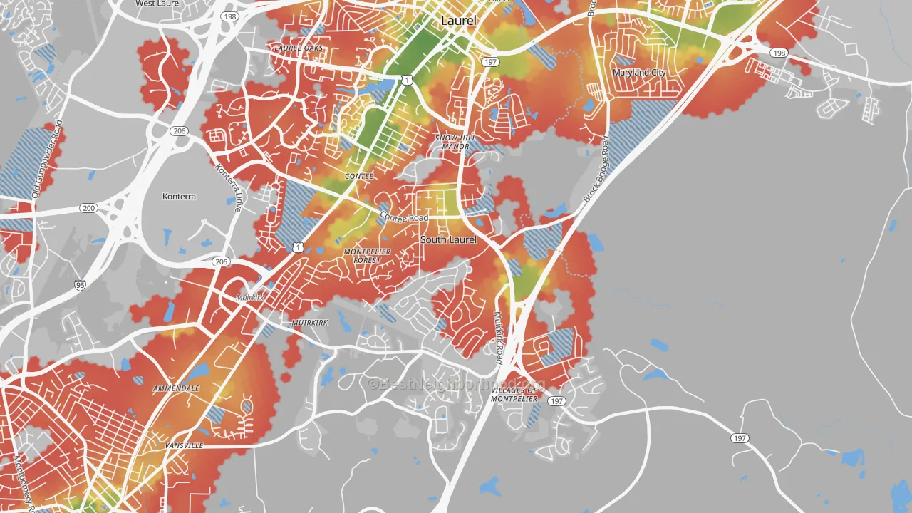Walk Grade map of South Laurel, MD, walkable areas in green and car-dependent areas in red