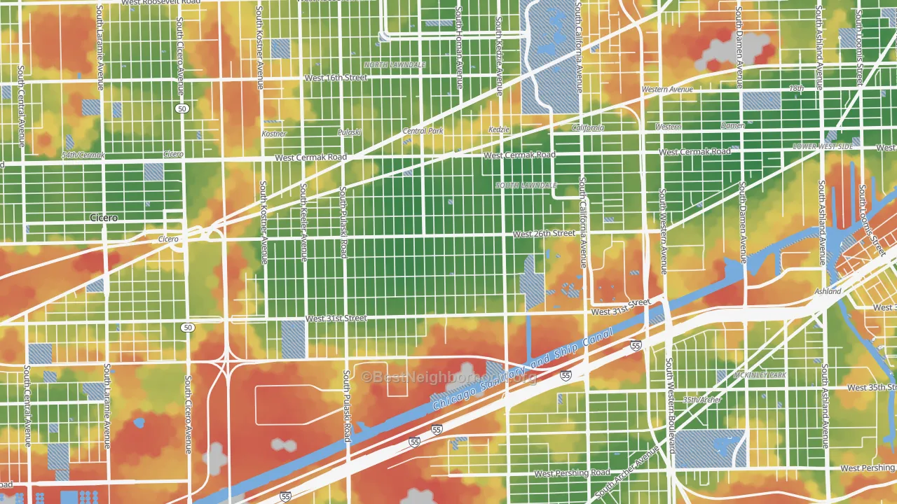 Walk Grade map of South Lawndale, Chicago, IL, walkable areas in green and car-dependent areas in red
