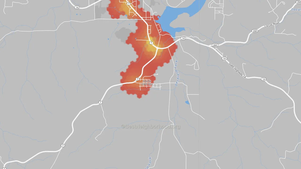 Walk Grade map of South Lead Hill, AR, walkable areas in green and car-dependent areas in red