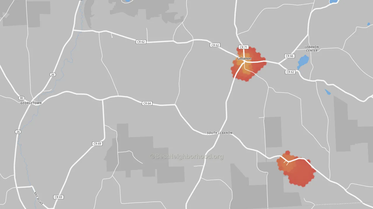 Walk Grade map of South Lebanon, NY, walkable areas in green and car-dependent areas in red