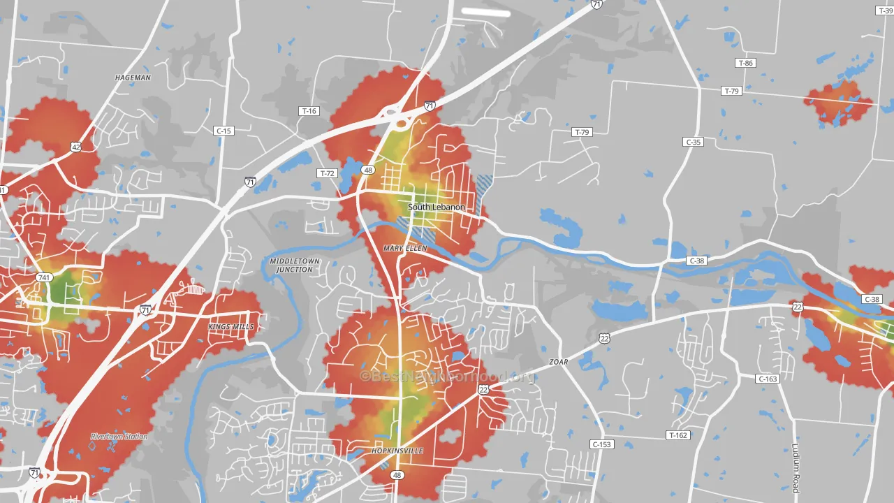 Walk Grade map of South Lebanon, OH, walkable areas in green and car-dependent areas in red