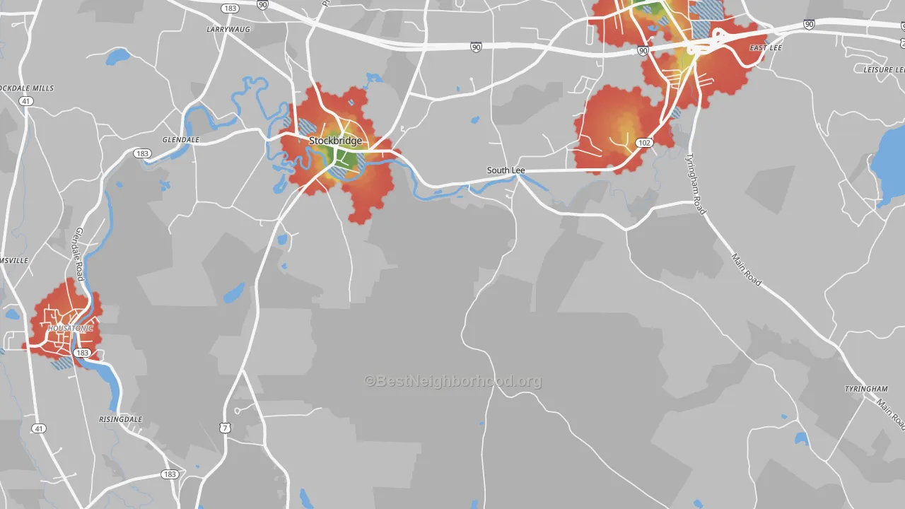 Walk Grade map of South Lee, MA, walkable areas in green and car-dependent areas in red