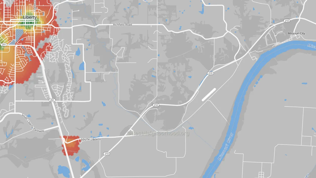 Walk Grade map of South Liberty, MO, walkable areas in green and car-dependent areas in red