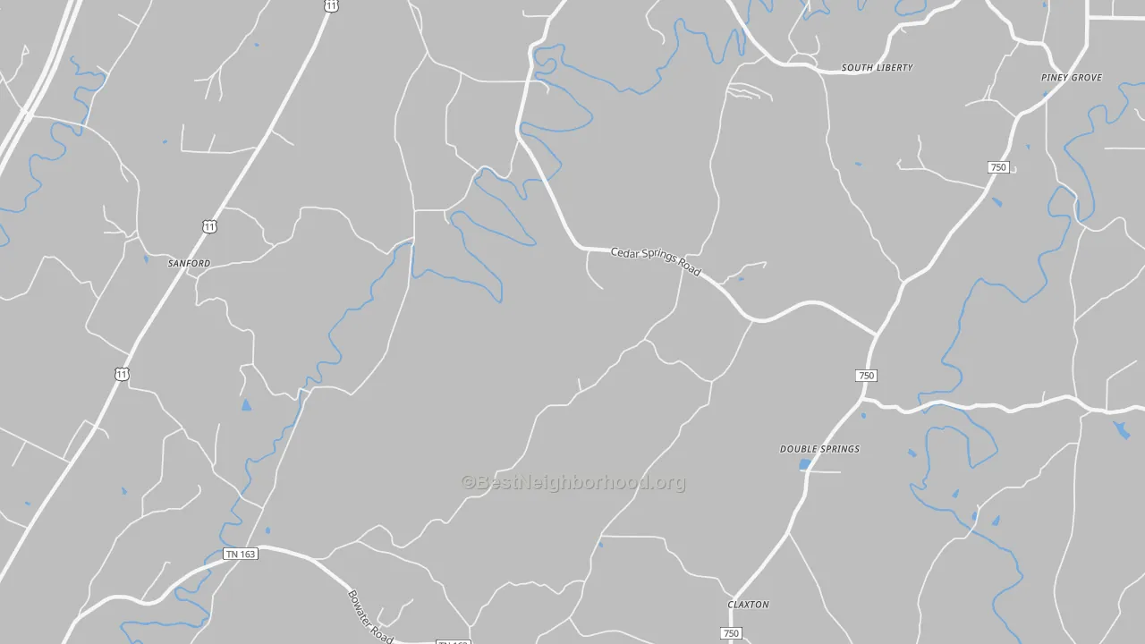 Walk Grade map of South Liberty, TN, walkable areas in green and car-dependent areas in red