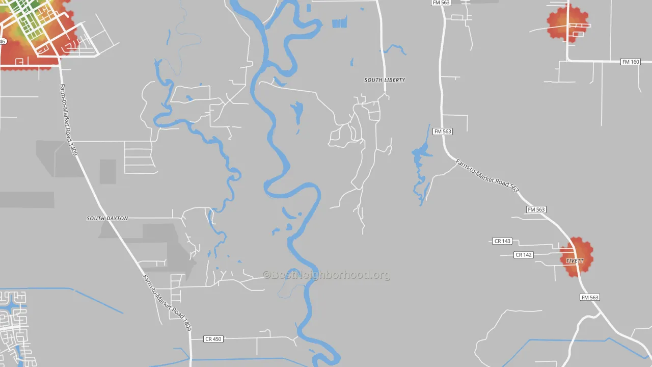 Walk Grade map of South Liberty, TX, walkable areas in green and car-dependent areas in red