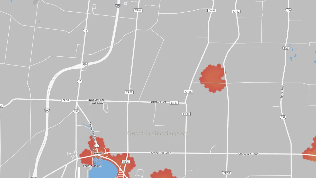 Walk Grade map of South Lima, NY, walkable areas in green and car-dependent areas in red