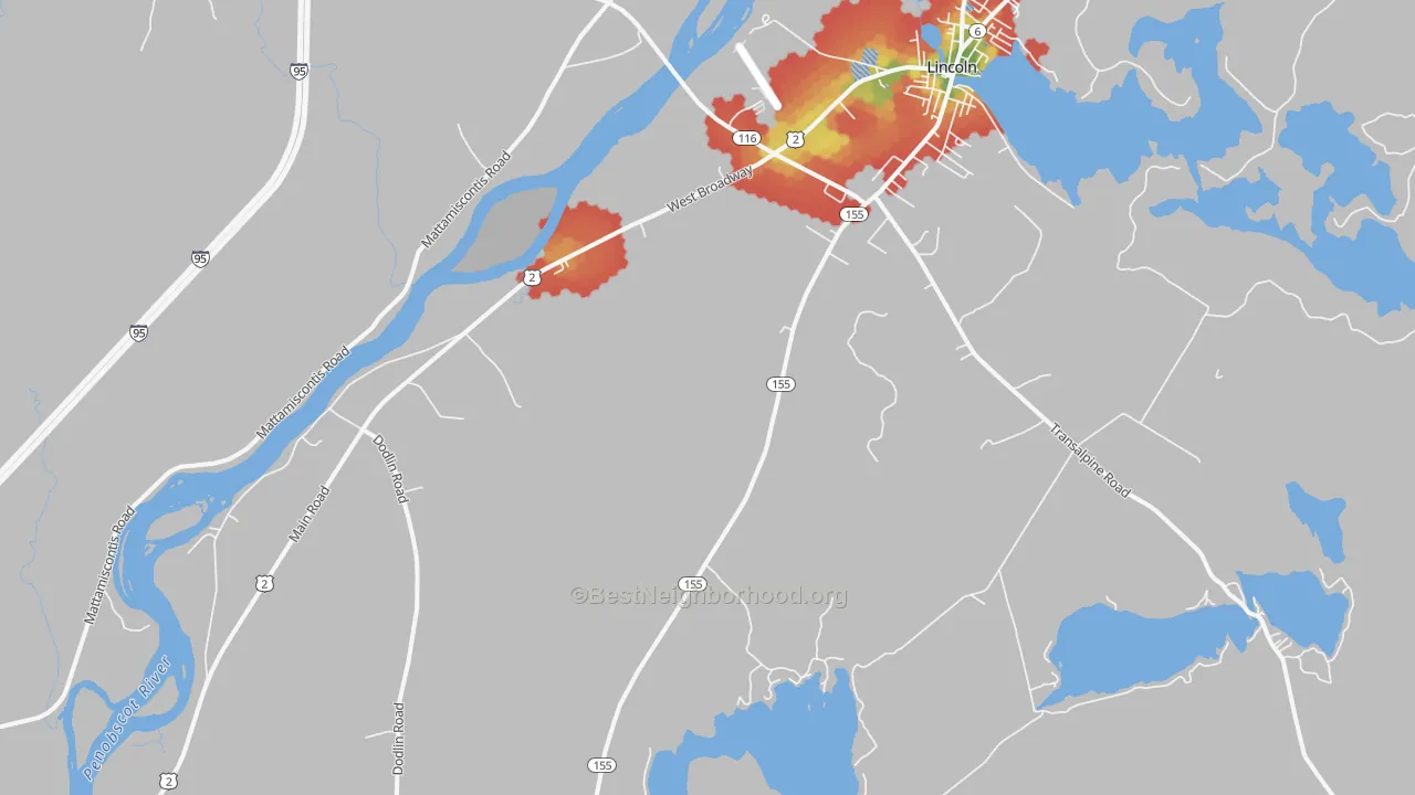 Walk Grade map of South Lincoln, ME, walkable areas in green and car-dependent areas in red
