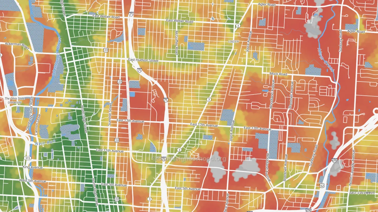 Walk Grade map of South Linden, Columbus, OH, walkable areas in green and car-dependent areas in red