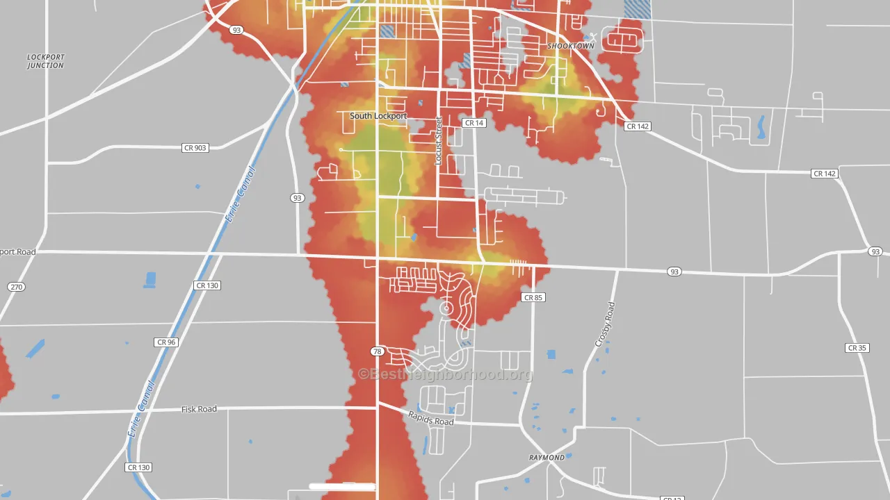 Walk Grade map of South Lockport, NY, walkable areas in green and car-dependent areas in red