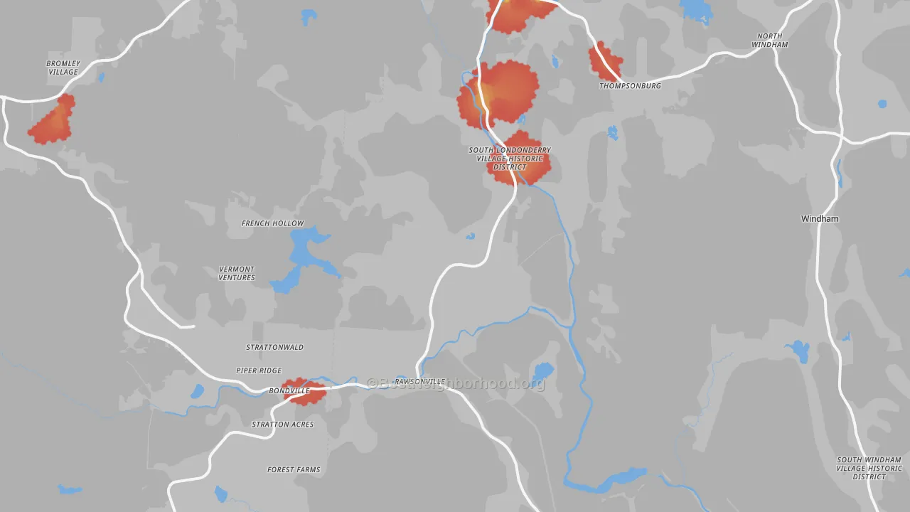 Walk Grade map of South Londonderry, VT, walkable areas in green and car-dependent areas in red