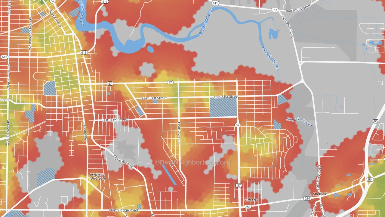 Walk Grade map of South Lorain, Lorain, OH, walkable areas in green and car-dependent areas in red