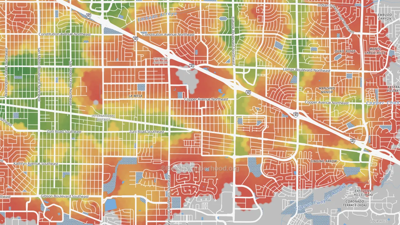 Walk Grade map of South Los Altos, Albuquerque, NM, walkable areas in green and car-dependent areas in red