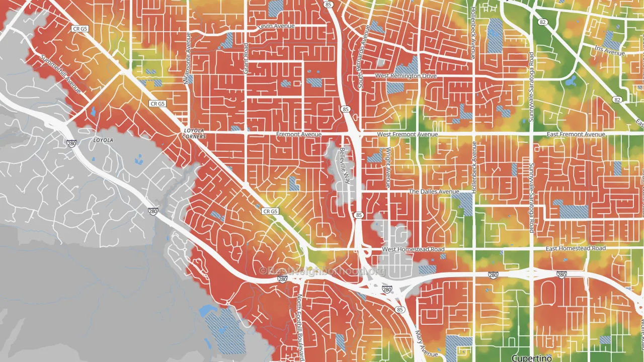 Walk Grade map of South Los Altos, Los Altos, CA, walkable areas in green and car-dependent areas in red