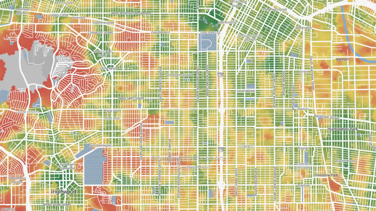 Walk Grade map of South Los Angeles, Los Angeles, CA, walkable areas in green and car-dependent areas in red