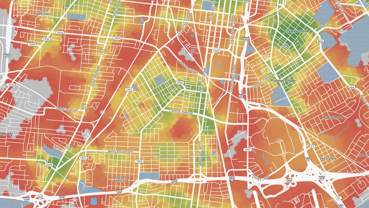 Walk Grade map of South Louisville, Louisville, KY, walkable areas in green and car-dependent areas in red