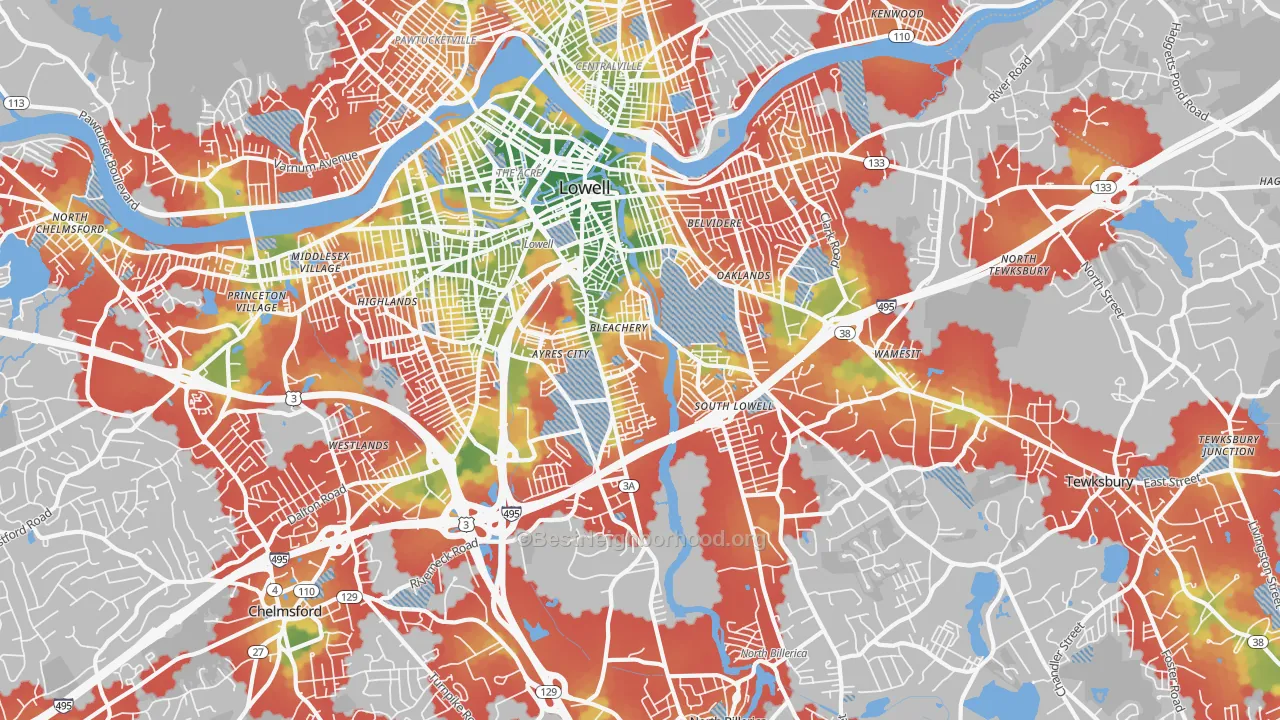 Walk Grade map of South Lowell, Lowell, MA, walkable areas in green and car-dependent areas in red