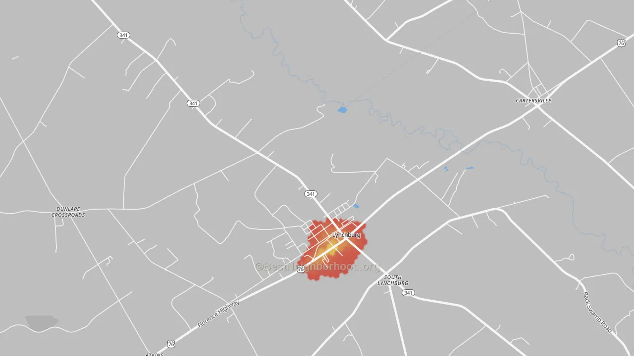 Walk Grade map of South Lynchburg, SC, walkable areas in green and car-dependent areas in red