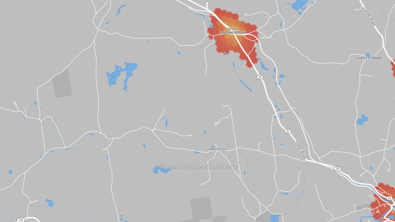 Walk Grade map of South Lyndeboro, NH, walkable areas in green and car-dependent areas in red