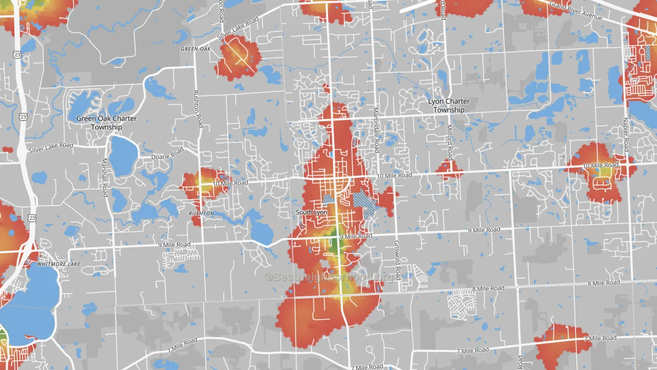 Walk Grade map of South Lyon, MI, walkable areas in green and car-dependent areas in red