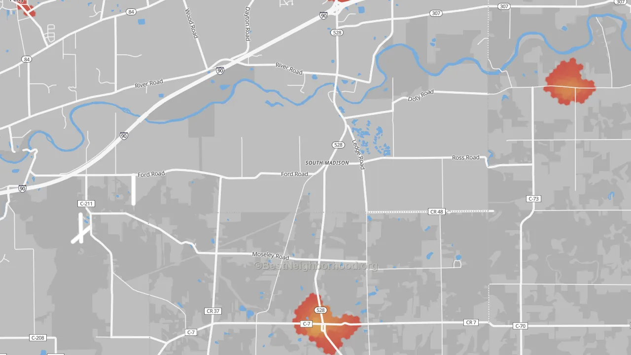 Walk Grade map of South Madison, OH, walkable areas in green and car-dependent areas in red